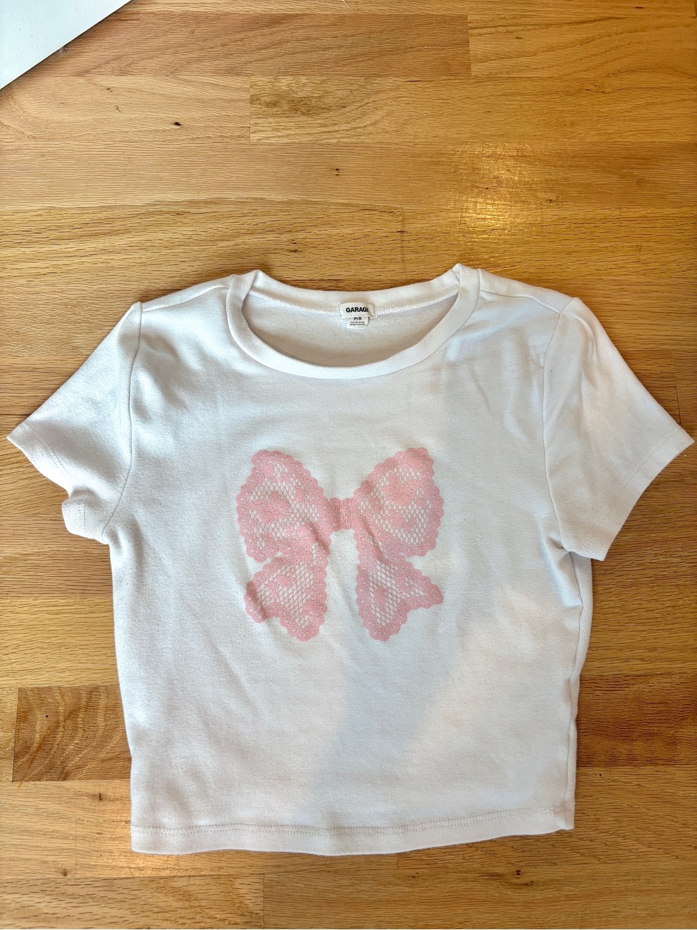 Garage White Pink Bow Graphic Baby Tee Crop Top Size S Coquette Y2K